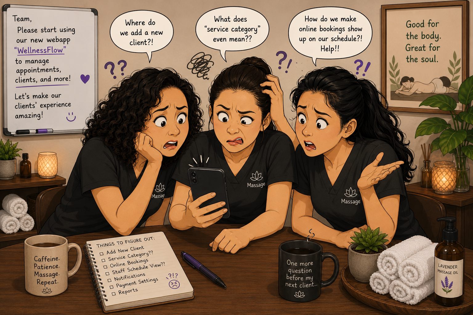 Confused massage staff reviewing the new webapp