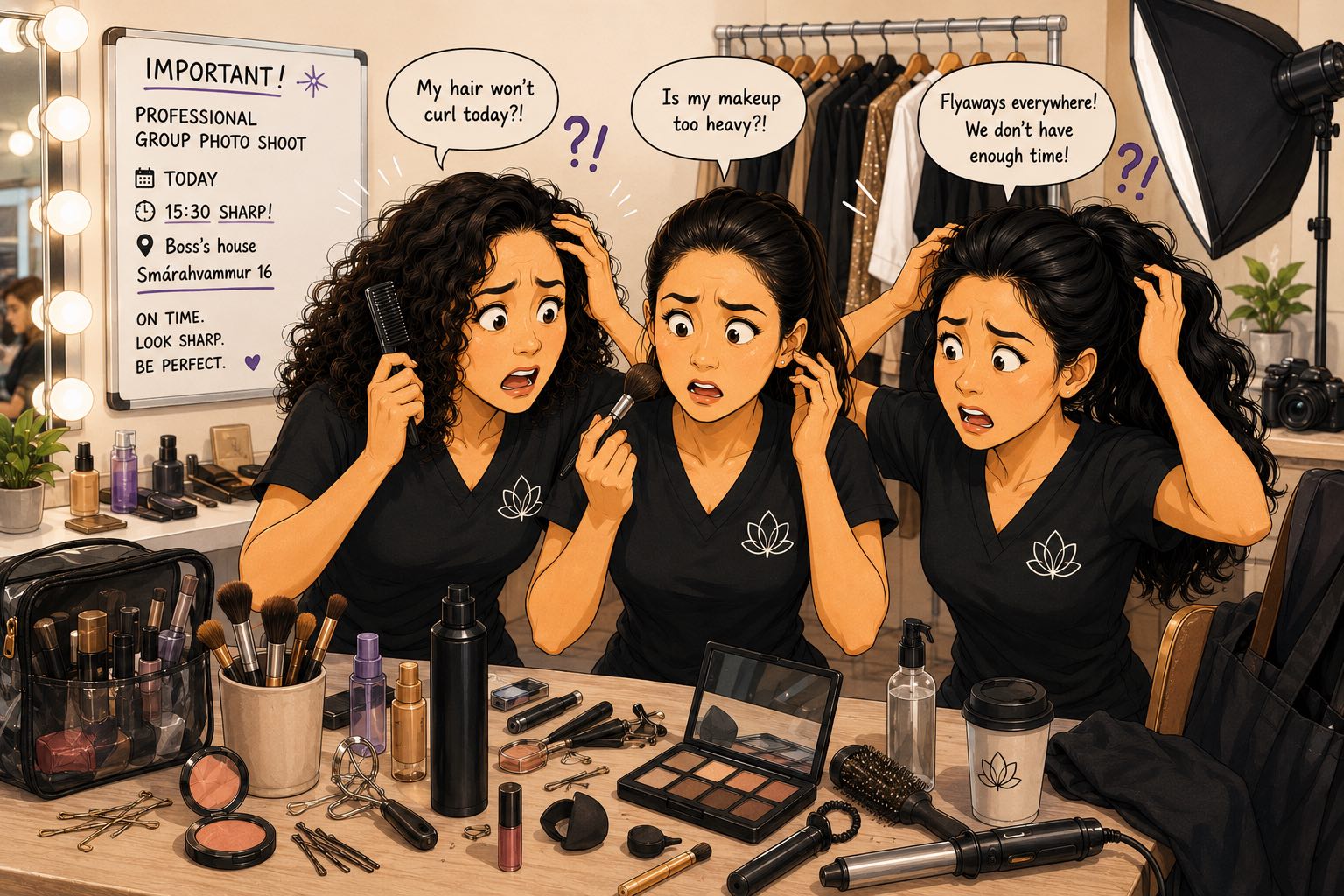 Massage staff getting ready for a professional group photo shoot